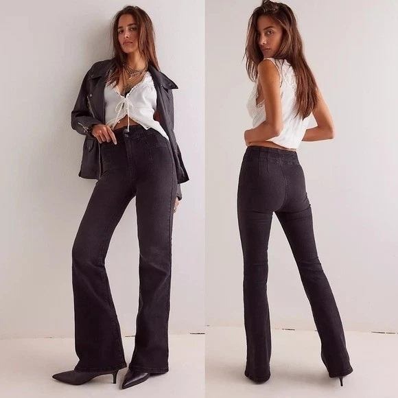 New We The Free People Jayde Flare High Rise Jeans Onyx Boho Western 25